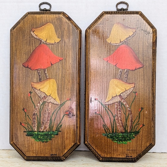 Vintage Other - Vintage Hand Painted Mushrooms Pair Wooden Wall Hanging Plaques Grandmacore